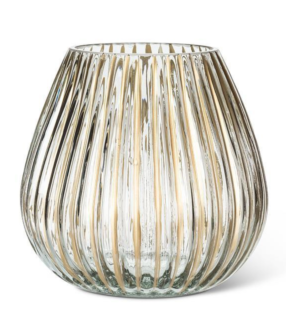 Medium Ribbed Wide Bottom Vase/Tealight holder with Gold Stripes