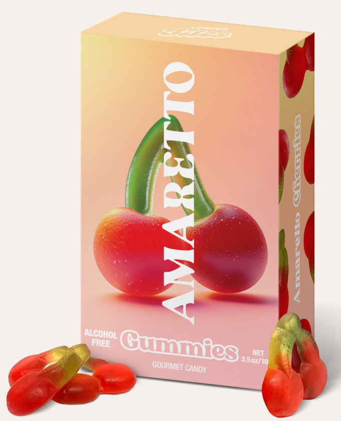 Amaretto Cherry Gummies, Chewy Candies, Alcohol-Free