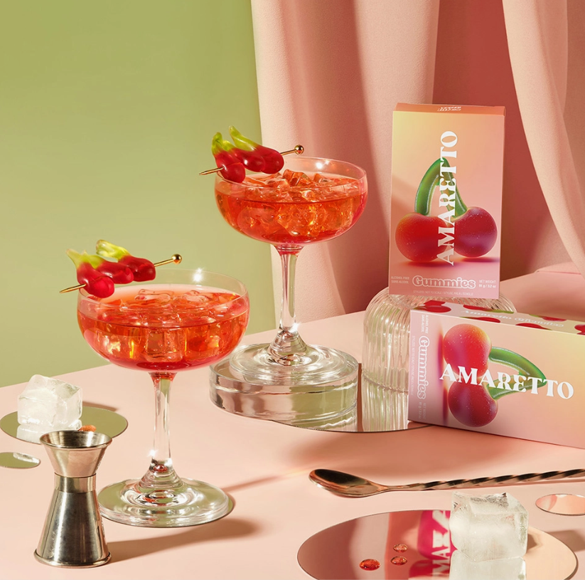 Amaretto Cherry Gummies, Chewy Candies, Alcohol-Free