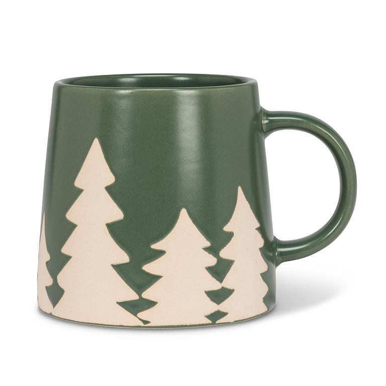 Green Wide Base Mug With Pine Trees