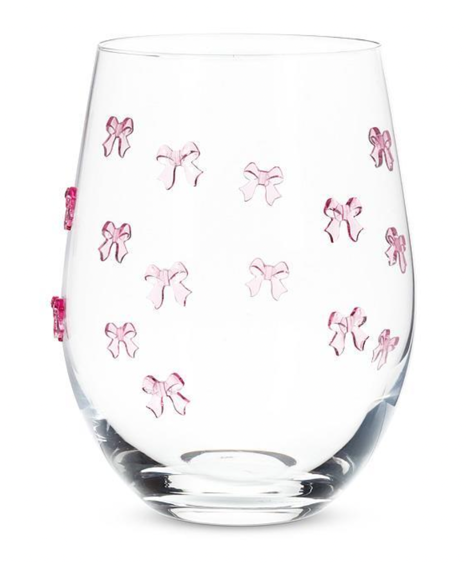 Stemless Wine Glass w/Pink Bows