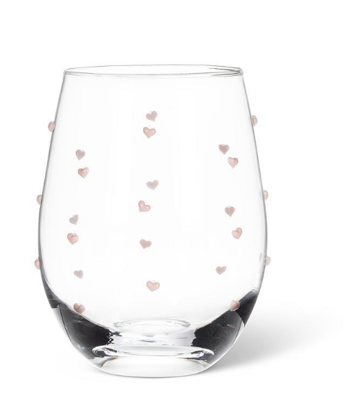 Stemless Wine Glass with Pink Hearts
