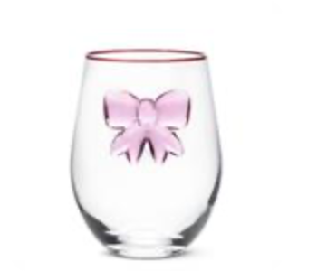 Stemless Wine Glass with Large Pink Bow