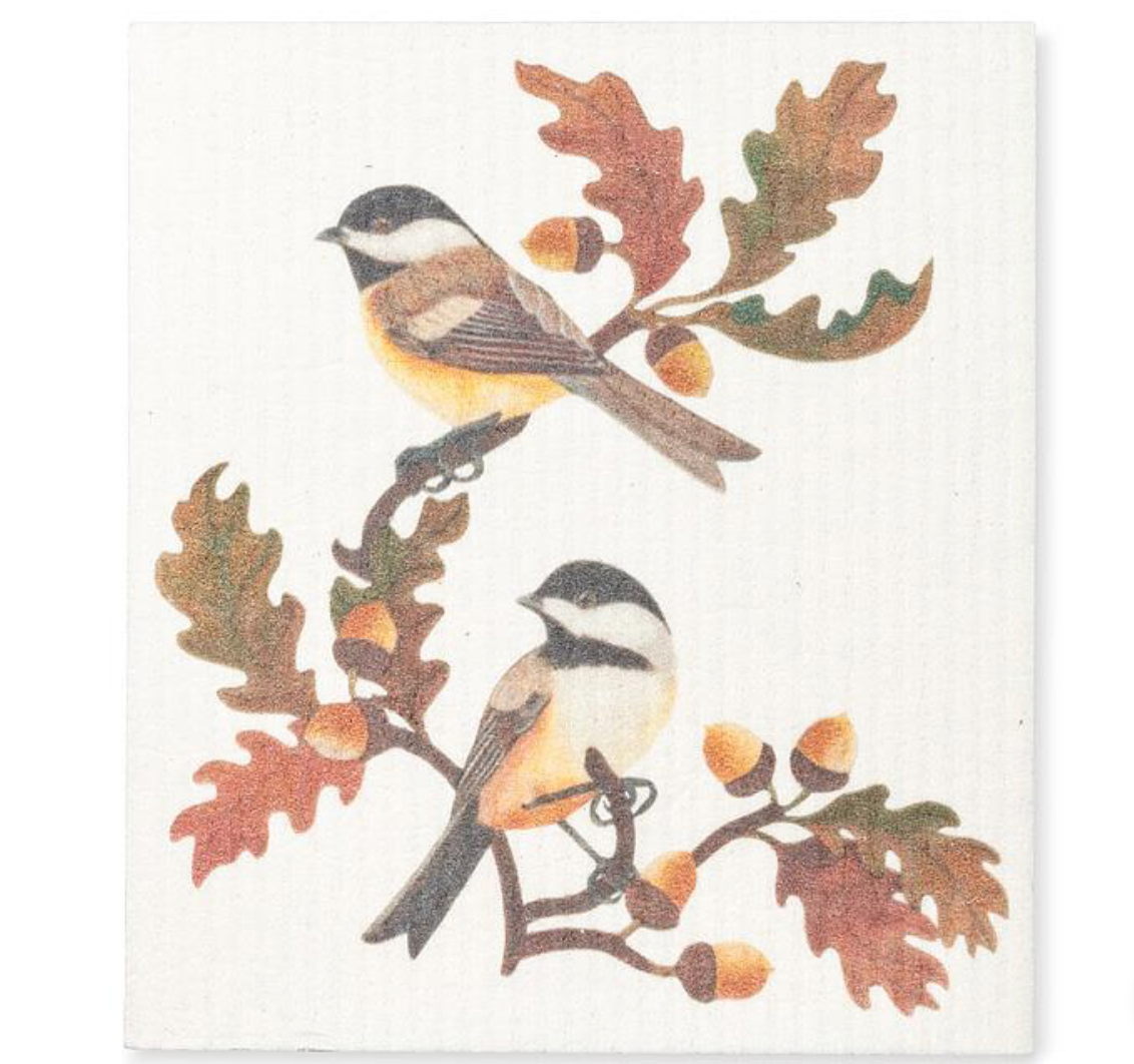 Chickadees & Oak Leaves Dishcloth