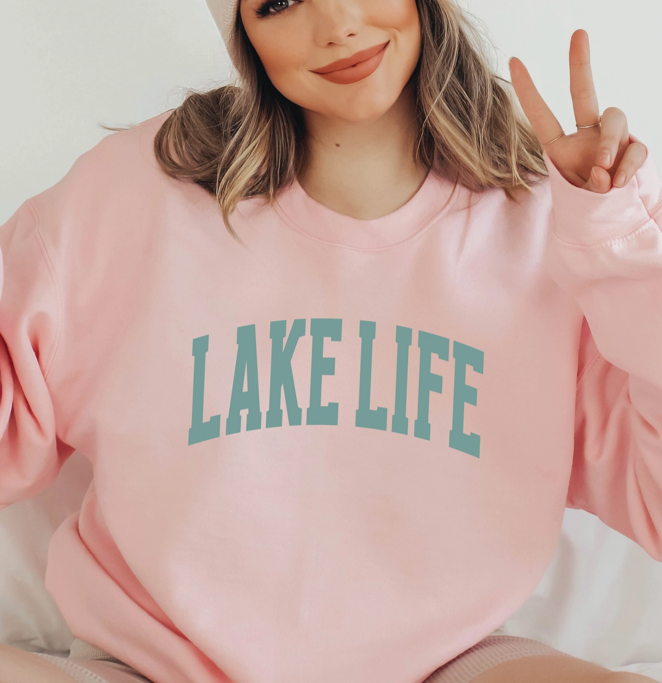 Lake Life Sweatshirt Crewneck Nature Lover Camping Sweater Light Pink