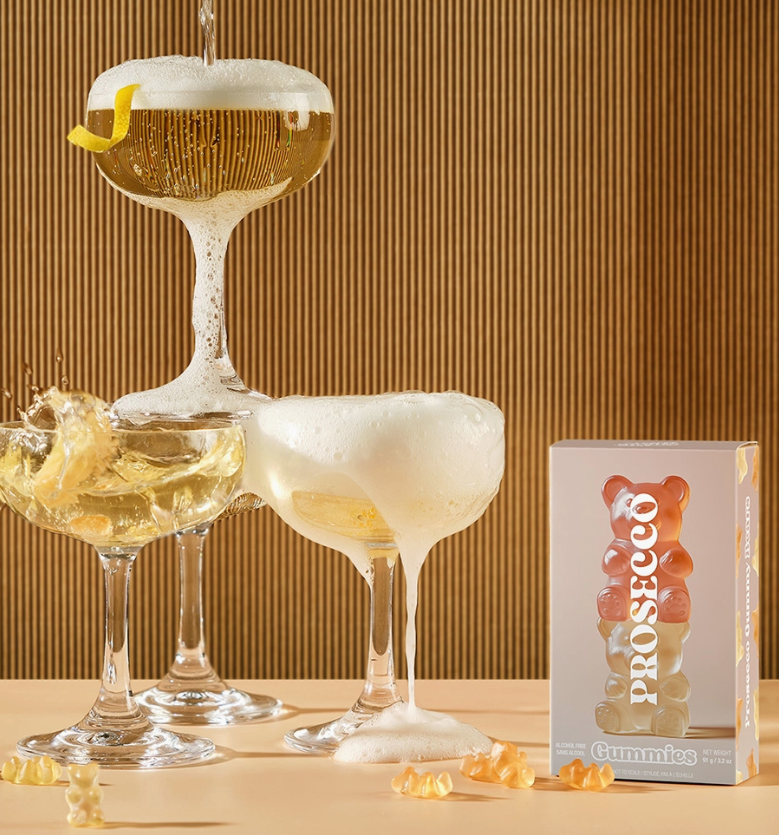 Prosecco Bear Gummies, Chewy Candies, Alcohol-Free